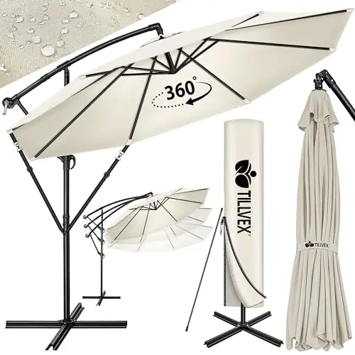 tillvex Parasol déporté hexagonale 3M avec manivelle | Pare-soleil avec pied | Protection UV en aluminium pour le jardin | Parasol à manivelle pour le marché déperlant