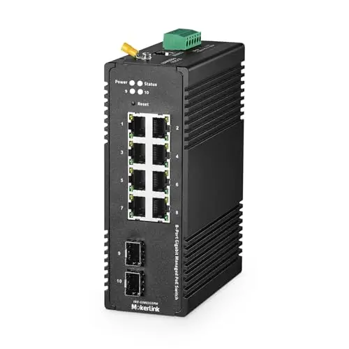 MokerLink 8 Port Gigabit PoE Industrial DIN-Rail Ethernet Switch Managed, 2 SFP Ports, IEEE802.AF/at 96W PoE+ Power, Web L2+ Managed IP40 Network Switch, avec Alimentation électrique