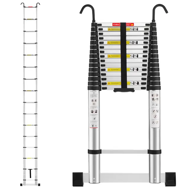 TEENO Échelle Télescopique 6.2 M, Escabeau Telescopique Pliable en Aluminium avec Barre Stabilisatrice et Crochet Amovible, Charge Max 150 kg