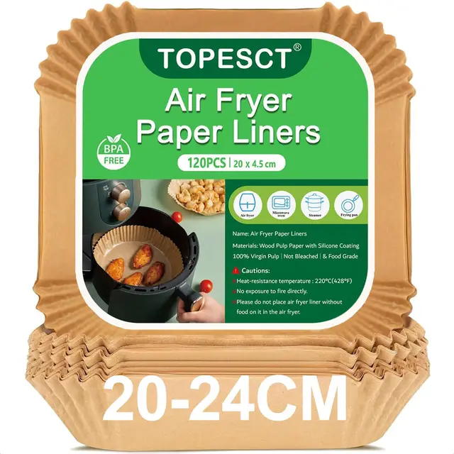 TopEsct 120 pièces papier sulfurisé pour friteuse à air chaud, 20 cm, papier cuisson de qualité alimentaire, résistant à l'huile, air fryer accessoires pour friteuse sans huile 5-8 L