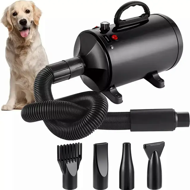 Pulseur Chien Professionnel Souffleur Chien Séchoir Sèche-Poils Toilettage Sèche-Cheveux pour Chien 2800W Sèche-Cheveux pour Animaux Vitesse Continue et température réglable avec 4 Buses (Noir)