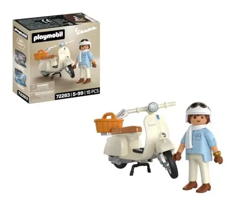 Playmobil | Voitures | 80 Ans de Vespa : Style Classique | Vespa Anniversaire Couleur crème avec conducteur, Panier et Planche d’Autocollants | pour Les Enfants à partir de 5 Ans | 72283