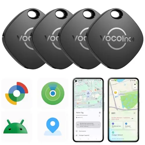 VOCOlinc Android Smart Tag Lot de 4 Double Système, Air-tag Traceur Fonctionne avec l’app Localiser Apple et Google, Tracker Localisateurs D’Objets pour Valise/Clés/Sacs/Bagages, Batterie Remplaçable