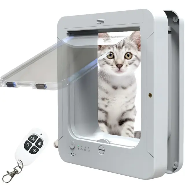 Porte pour Chat Intelligente, chatière avec Puce électronique, avec 2 Colliers de détection et 1 télécommande, Taille d'ouverture : 7.7 * 8.3 in, pour Chat, Chiot(Blanc)