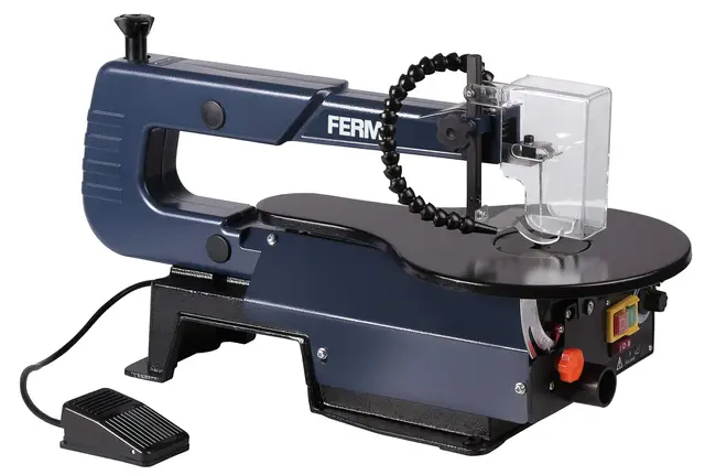 FERM Scie à chantourner 120 W – Interrupteur à Pied – réglable – avec 3 Lames de Scie Différentes, Noir, SSM1007