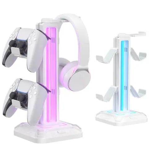 KDD Support pour Casque avec 9 Modes d'Éclairage- Support Manette de Jeux pour Bureau - Porte Casque Rotatif et Crochet de Manette Amovible, Gamer Accessoire pour Gamer PC Xbox One PS5,Blanc