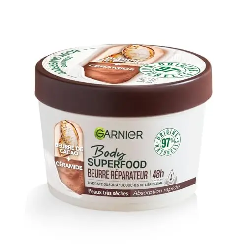 Garnier - Body Superfood - Crème Soin Corps Réparatrice - Hydratation 48H - Formule Vegan & à 97% d'Origine Naturelle - Au Beurre de Cacao & Céramide - Pour Peaux Sèches - 380 ml