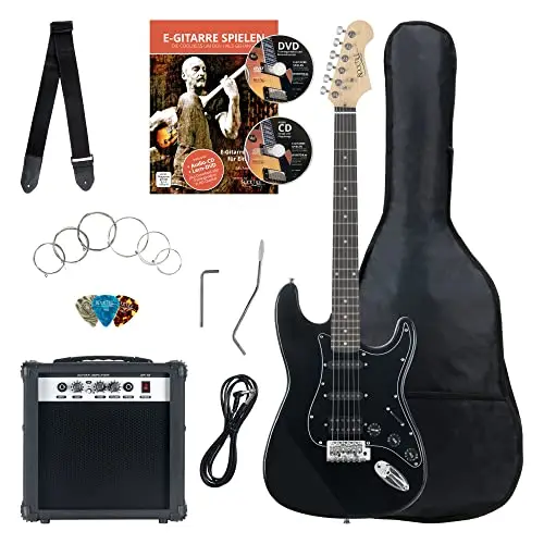 Rocktile Banger's Power Pack Set complet Guitare électrique avec micros Single Coil et Humbucker Noir (Ampli, Housse, Câble, Sangle, Médiators, Tremolo, Cordes de rechange et Cours avec CD/DVD)