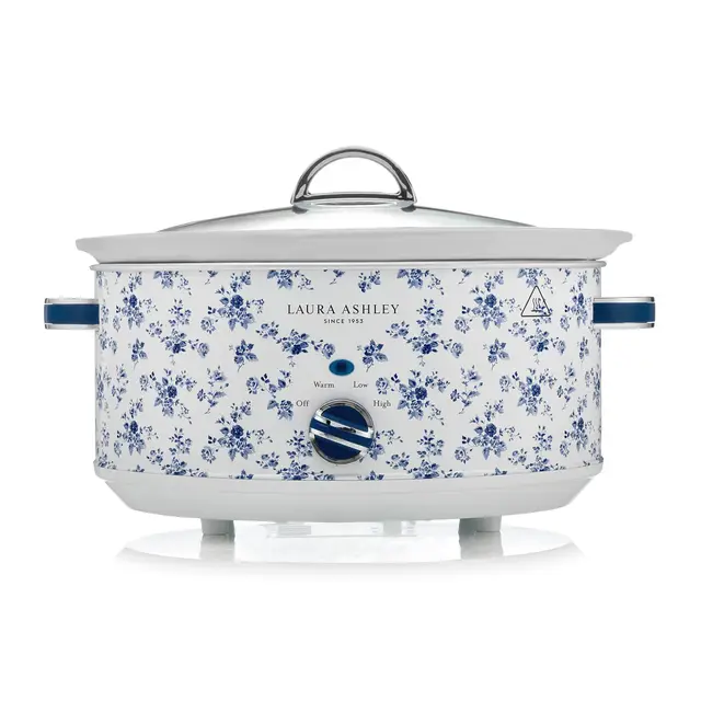 Laura Ashley Mijoteuse Electrique 6,5 Litres avec Imprimé China Rose par VQ - Slow Cooker pour 8 à 10 Personnes, Économique en Énergie, avec 3 Réglages de Température et un Couvercle en Verre Trempé