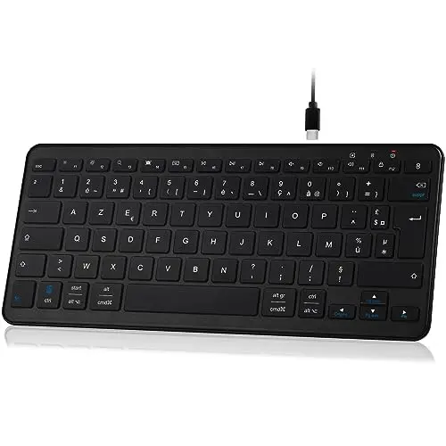 Mini Clavier Sans Fil Bluetooth AZERTY Français, Léger Silencieux, Rechargeable USB C, 12 Raccourcis Multimédias, pour Mac, iPad, iPhone, Android, Windows-Noir