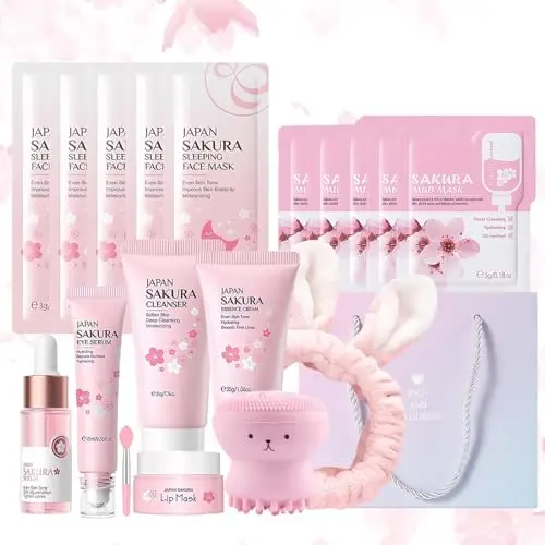 Sakura Ensemble de Soins de la Peau 18 Pièces,Avec nettoyant,Crème,Sérum,Sérum pour les yeux,Masque de boue,Masque de sommeil et Accessoires,Kit de Soins de La Peau Hydratants