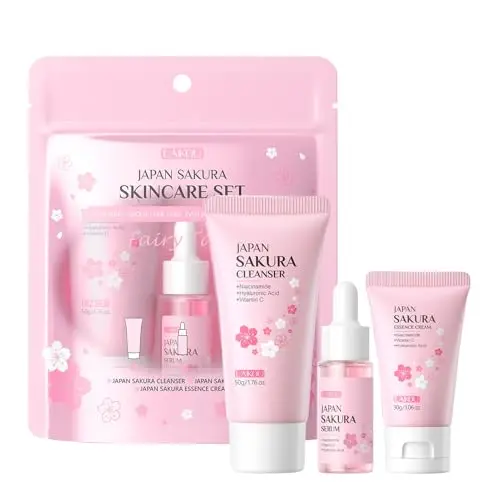 Sakura Ensemble de Soins de la Peau, Trousse de voyage avec Crème Nettoyante, Toner, Sérum, Set de Soins Hydratants, Coffret Cadeau de Soins de la Peau pour Adolescentes et Femmes