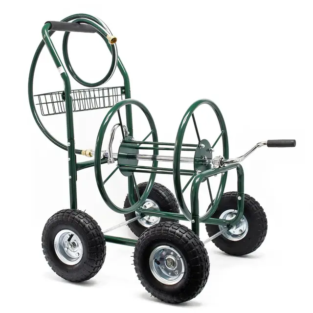 Wiltec Chariot Tuyau d'arrosage 76m 5/8" (16 mm) Enrouleur 4 Roues Ø 25cm Dévidoir sur Roues de Tuyau Dispositif Irrigation Mobile Jardin