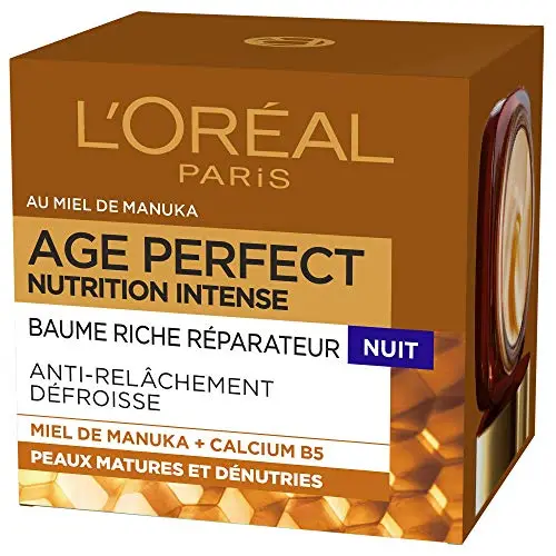 L'ORÉAL PARIS - CRÈME DE NUIT ANTI-ÂGE - BAUME RICHE RÉPARATEUR - CONCENTRÉ EN MIEL DE MANUKA & CALCIUM B5 - POUR PEAUX MATURES DÉNUTRIES - NUTRITION INTENSE - AGE PERFECT - 50 ML