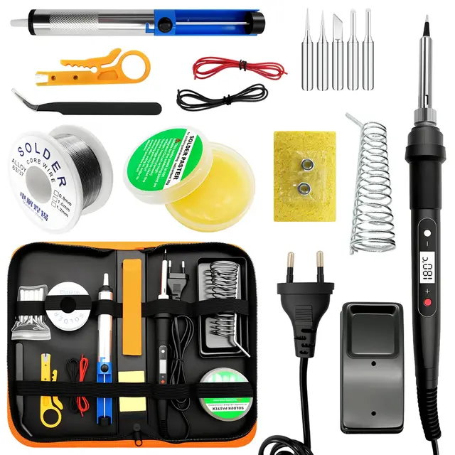Fer à Souder Kit 100W LCD Température Réglable de 180-520°C fer a souder etain 16-en-1 soudure electronique de precision set avec 50g de Fil à Souder,5 Embouts de Fer,Pompe à Désouder,Support de Fer
