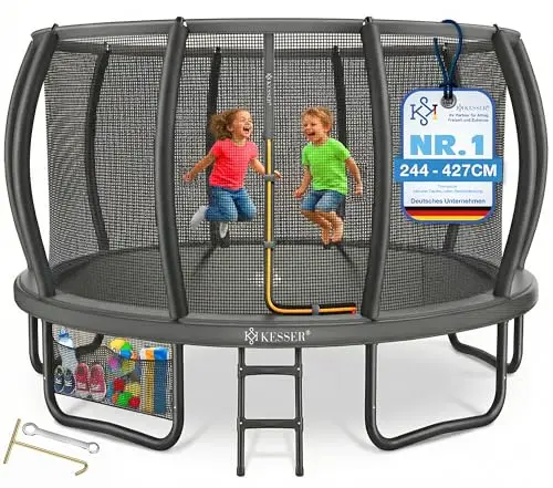 KESSER Trampoline d'extérieur Ø 244/305/366/427 cm, certificat GS, trampoline de jardin pour enfants et adultes < 150 kg avec filet de sécurité, sac, échelle, housse de bord et barres de filet