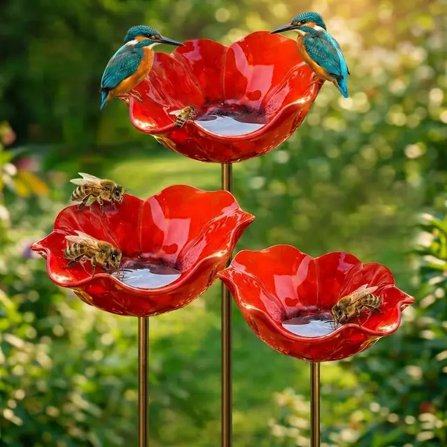 3 Pièces Bain Oiseaux Extérieur sur Pied Métal, Abreuvoir Oiseaux Extérieur & Mangeoire Oiseaux Extérieur Forme Fleur, Vasque Jardin Extérieur Décoration pour Jardin et Balcon pour Oiseaux Sauvages