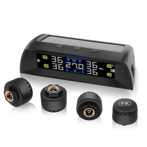 KAOLALI TPMS Système de Surveillance de la Pression des Pneus, Support Charge Solaire, Afficher la Température à l'intérieur de la Voiture, avec 4 Capteurs Externes Voiture pour LKW SUV RV 0-72 Psi