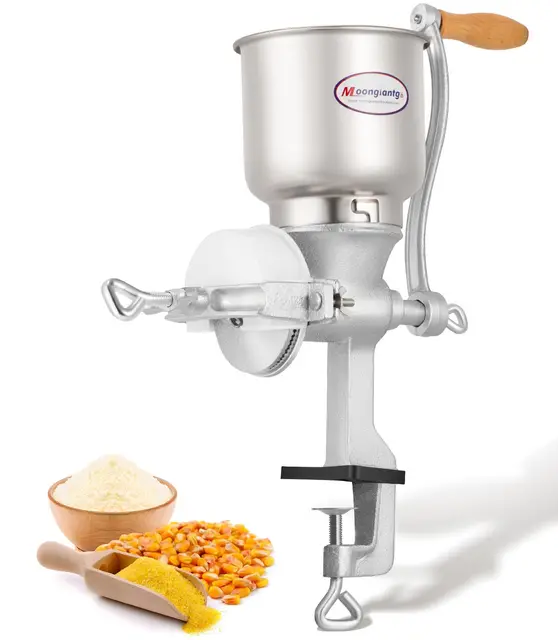 Moongiantgo Moulin à Céréales Manuel avec Grande Trémie de 13cm & Pince de Table 4cm, Finesse de Broyage Réglable, Broyeur à Grains en Fonte, pour Noix, Café, Céréales, Graines, Maïs, Épices