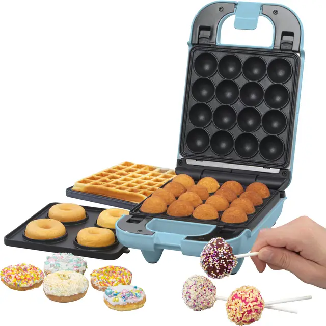 GILES & POSNER 3-en-1 Mini Treat Maker – Beignets, Cake Pops, Gaufrier Machine, Plaques de Cuisson Antiadhésives Amovibles, Facile à Nettoyer, Compacte, Pâtisserie pour Enfants, Sorbet, Bleu Pastel