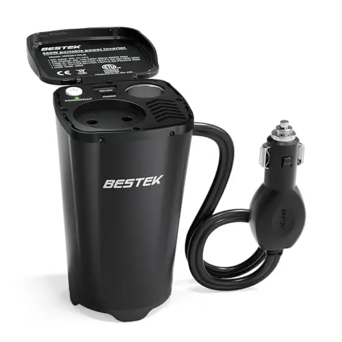 BESTEK Onduleur de voiture 200 W : convertisseur de tension 12 V DC vers 230 V AC Power Inverter avec 2 ports USB & adaptateur allume-cigare compact pour voiture/voyage