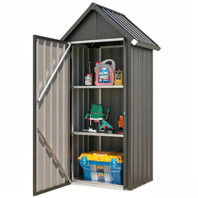 YODOLLA Abri de Jardin Métal, Cabane de Rangement Tout Climat, Résistant aux Intempéries (Pluie, Vent, Soleil), Porte Fermeture Sécurisée et 3 Étagères Amovibles, 76x55x178cm, Gris foncé