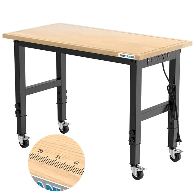 LARBANKE Établi de Garage 120cm,Établi en Bois de Caoutchouc Ajustable à 5 Hauteurs Différentes,Table de Travail en Bois Dur d'une Capacité de Plus de 900KG,avec Roues Freinées,pour Garage,Bureau