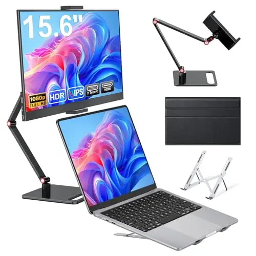 HONGO Moniteur Portable, Laptop Écran Portable 15,6" 1080P IPS Écran PC Portable Haut-parleurs Intégrés, Moniteur pour Ordinateur Portable, PC, Mac, X-Bo, Switch (15.6"-1080P-Noir-Avec Support)