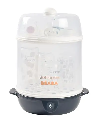 BÉABA, Stérilisateur Biberons 2 en 1, Evolutif, Électrique à Vapeur, 2 en 1, 2 Compartiments, Jusqu'à 8 biberons & Accessoires, Ultra rapide, Minuterie, Stéril'Express, Night Blue