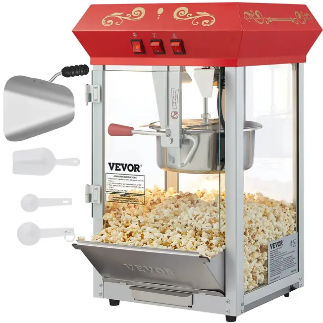 VEVOR Machine à Pop Corn 850 W, Appareil à Pop-corn de Comptoir Électrique, Grand Bol de 227 g pour 48 Tasses par Lot, avec Verre Trempé, 4 Cuillères, Style Cinéma, pour Fête Magasin Soirée, Rouge