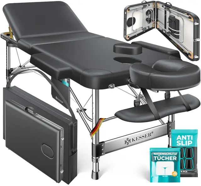 KESSER® Table de massage 3 zones jusqu'à 250 kg - Table de massage pliable et réglable - Mallette portable - Table de massage thérapeutique - Accessoires - Appuie-tête en aluminium - Accoudoir - Sac