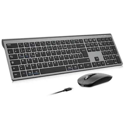 cimetech Clavier Souris sans Fil Bluetooth, Connexion BT1+ BT2+ BT3, Rechargeable, Silencieux, Ultra-Fin Clavier AZERTY, Compatible Windows/Mac OS/iPad/Android-Gris Noir