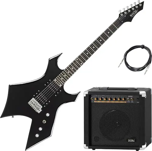 Rocktile Warhead E-Gitarre Set AK20GR - Corps en tilleul, touche en bois dur sélectionné - Set incluant combo ampli 60W & câble instrument 3m – Idéal pour rock, metal & plus – Noir