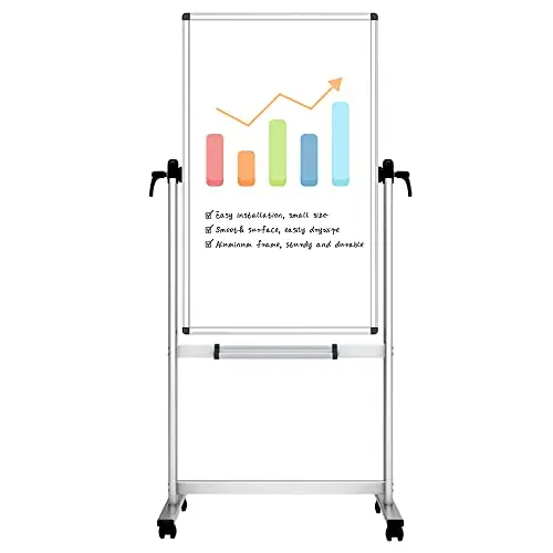 VIZ-PRO Tableau blanc mobile pivotant magnétique double face, cadre en aluminium 120 x 60 cm