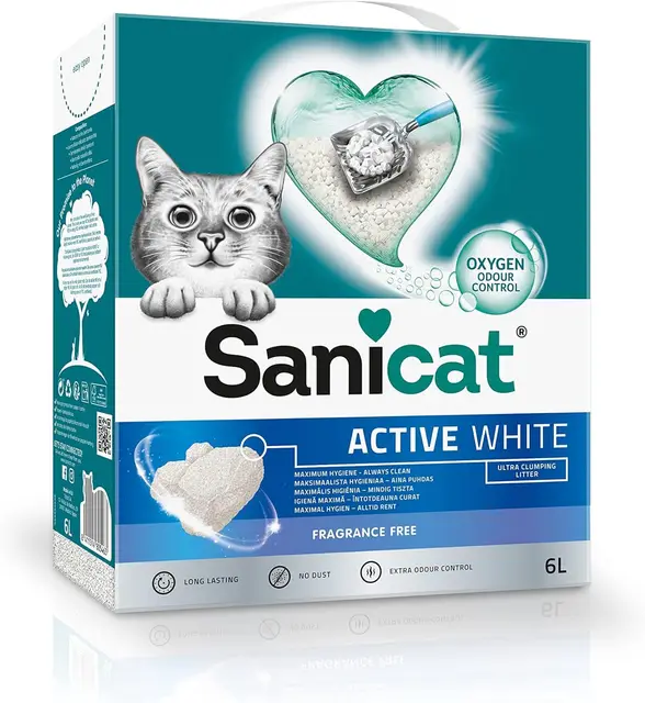 Sanicat - Litière agglomérante Active White sans parfum, Composée de minéraux naturels avec contrôle des odeurs garanti, Retient l’humidité et facilite le nettoyage, Format : 6 L