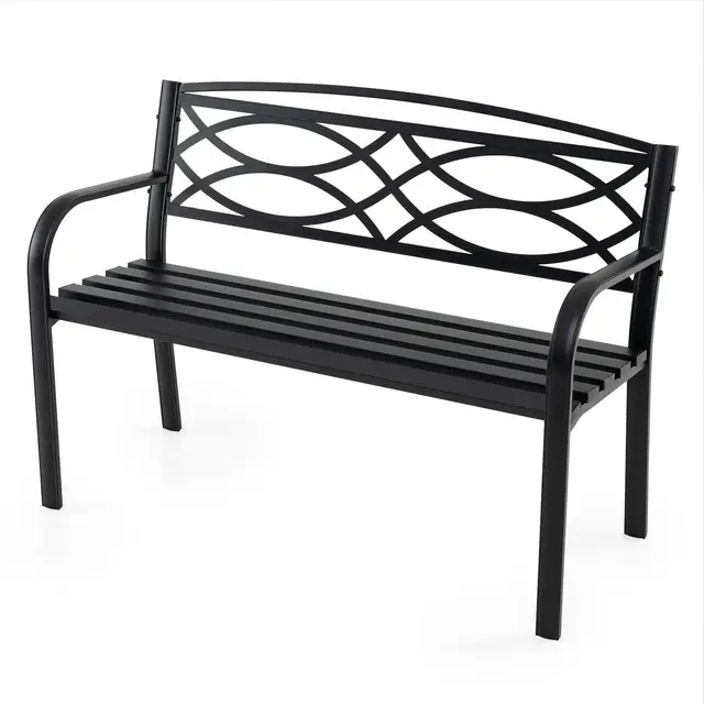 KOMFOTTEU Banc de Jardin 2 Places, Banquette de Parc en Métal, Chaise de Parc, Dossier inclinable, Charge de 300 kg, pour Balcon, Terrasse, Noir, 116 x 49 x 83 cm, Noir, Motif géométrique