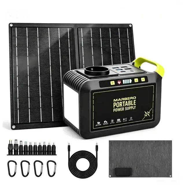 MARBERO Groupe Électrogène Portable 24.000mAh avec Panneau Solaire Pliable 21W, Générateur Solaire avec Prise 120W (Pic), USB QC3.0 et DC, Charge Rapide, pour Urgence Maison Camping Voyages Outdoor