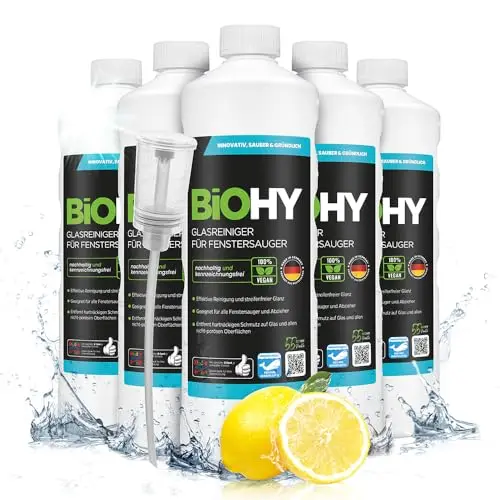BiOHY Nettoyeur de vitres pour aspirateurs de vitres (6 x 1l Bouteille) + Distributeur | brillant éclatant sur toutes les surfaces | pour un nettoyage sans traces (Fenstersauger)