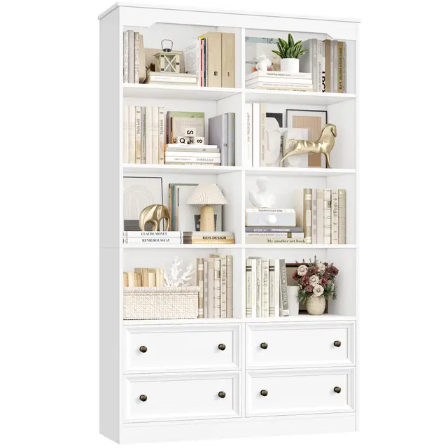 FirFurd 180cm Bibliothèque Meuble de Rangement avec 4 Tiroirs, Bibliotheque 8 Étagères, Bibliotheque Etagere Rangement pour Salon, Bureau, Salle à Manger 100x30x180cm Blanche