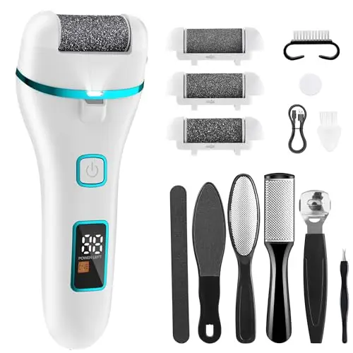 Rapeuse Pieds Electrique, 14 en 1 Rappe Pieds Pédicure Rechargeable, Ponceuse Pied Étanche Anti-callosités et Peaux Dures, Lime Professionnel 2 Vitesses 3 Têtes Rouleaux et Lumière LED(Blanc)