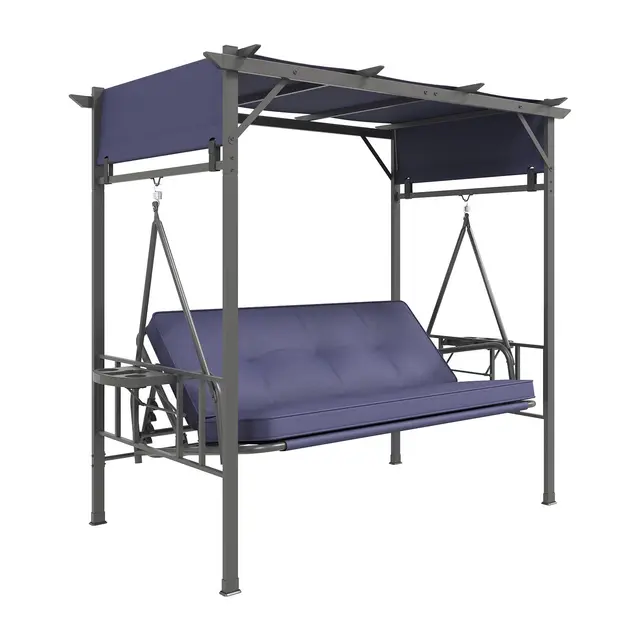 YODOLLA Balancelle de Jardin 3 Places avec Pergola, Banc Balançoire en Métal avec Fauteuil Hamac Nuage Suspendu, Pergola et Porte-Gobelets,pour Porche/Patio/Jardin(205×128×191CM, Bleu foncé)