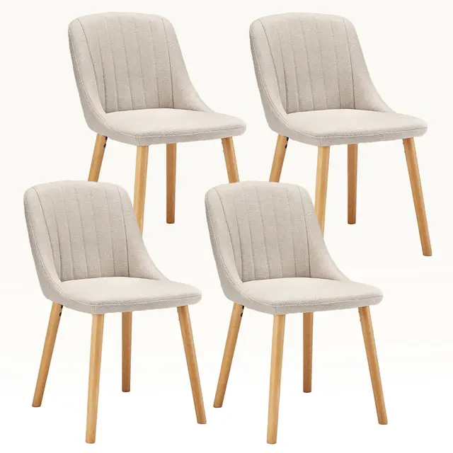 Chaise Beige Salle a Manger Lot de 4, Chaises de Cuisine en Polyester avec Pieds en Bois et Dossier pour Salon, Cuisine et Bureau