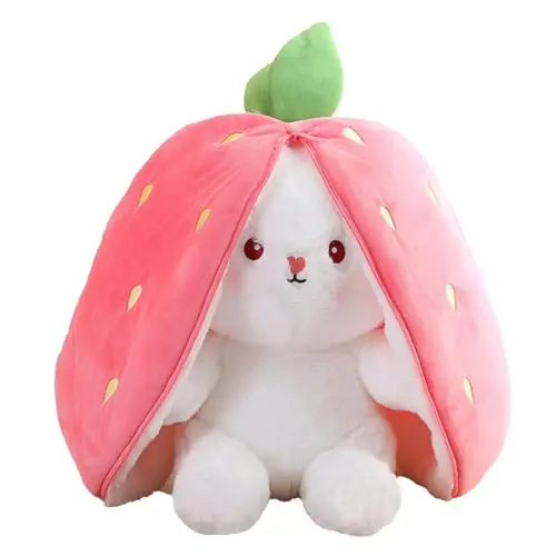Zaloife Lapin en peluche, rose, cachette, fraise, 24 cm, jouet en peluche lapin de Pâques, jouet pour enfants