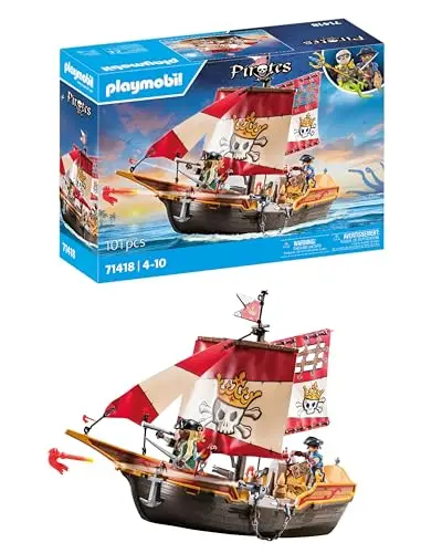 Playmobil 71418 Chaloupe des Pirates, Le Bateau Flotte et Peut être équipé d'un Moteur Submersible, avec des voiles Mobiles, des canons Mobiles et inclinables, Univers Pirates pour Enfants dès 4 Ans