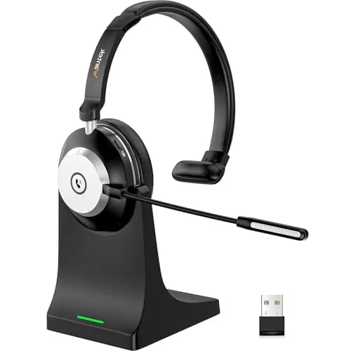 Casque Bluetooth sans fil avec microphone pour PC, casque d'ordinateur V5.2 avec micro antibruit, dongle USB, base de charge et bouton muet pour le travail, les téléphones portables, les ordinateurs