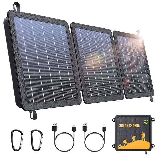 Panneau Solaire, Chargeur Solaire Portable 15W Sorties USB-C/USB Compatible avec Téléphones, Efficacité de Conversion élevée 24%, étanche IPX4 pour le Camping et les Activités Extérieures