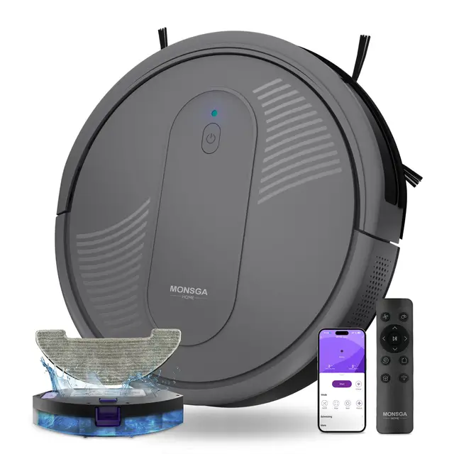 MONSGA Aspirateur Robot 4000Pa 140min 83mm Hauteur, 3 en 1 Robot Aspirateur Laveur, Recharge Automatique, Anti-Enchevêtrement, pour Sols Durs Tapis Dessous de Meubles, Gris Foncé
