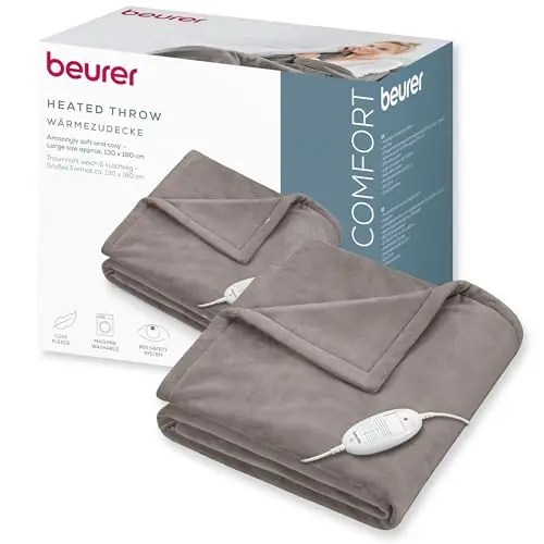 Beurer HD 75 Cozy Couverture chauffante, couverture électrique confortable en apparence de fourrure, 6 réglages de température, lavable en machine, avec arrêt automatique, taupe