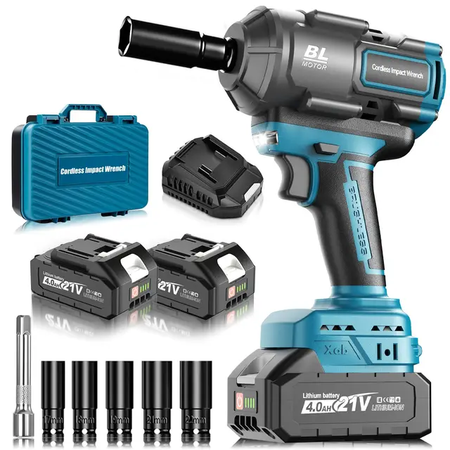 1200Nm Cle a Choc Sans Fil Brushless Compatible avec Makita 18V Batteries, 1/2 pouce Boulonneuse a Choc avec 2x4.0Ah Batterie, Clé a Choc avec 5 Douilles pour Voiture Maison