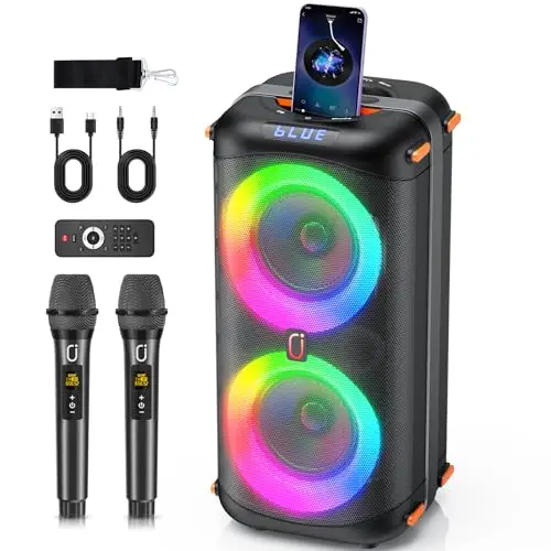 HWWR Enceinte Karaoke 2 Micro sans Fil, Puissance Max 300W Karaoké Professionnel, 10000mAh Portable Bluetooth 5.3 avec LED Haut-Parleur Amplifié Portable Système Karaoké Soutien